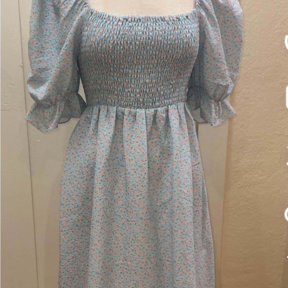 Elodie Powder Blue Floral Smocked Midi Dress